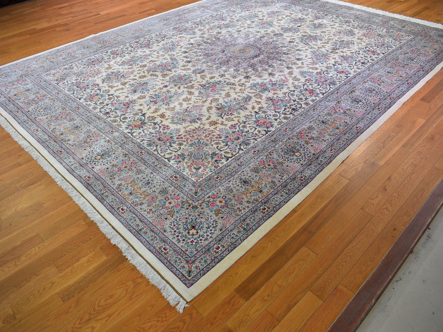 Medieval Ivory Oversized Persian Qom Pure Silk 600 KPSI Signed Hand Knotted Oriental