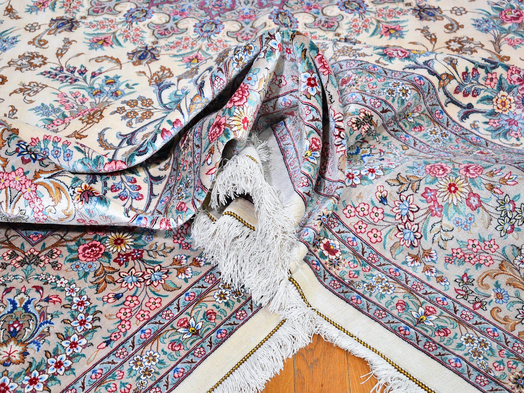Hand-Knotted Ivory Oversized Persian Qom Pure Silk 600 KPSI Signed Hand Knotted Oriental