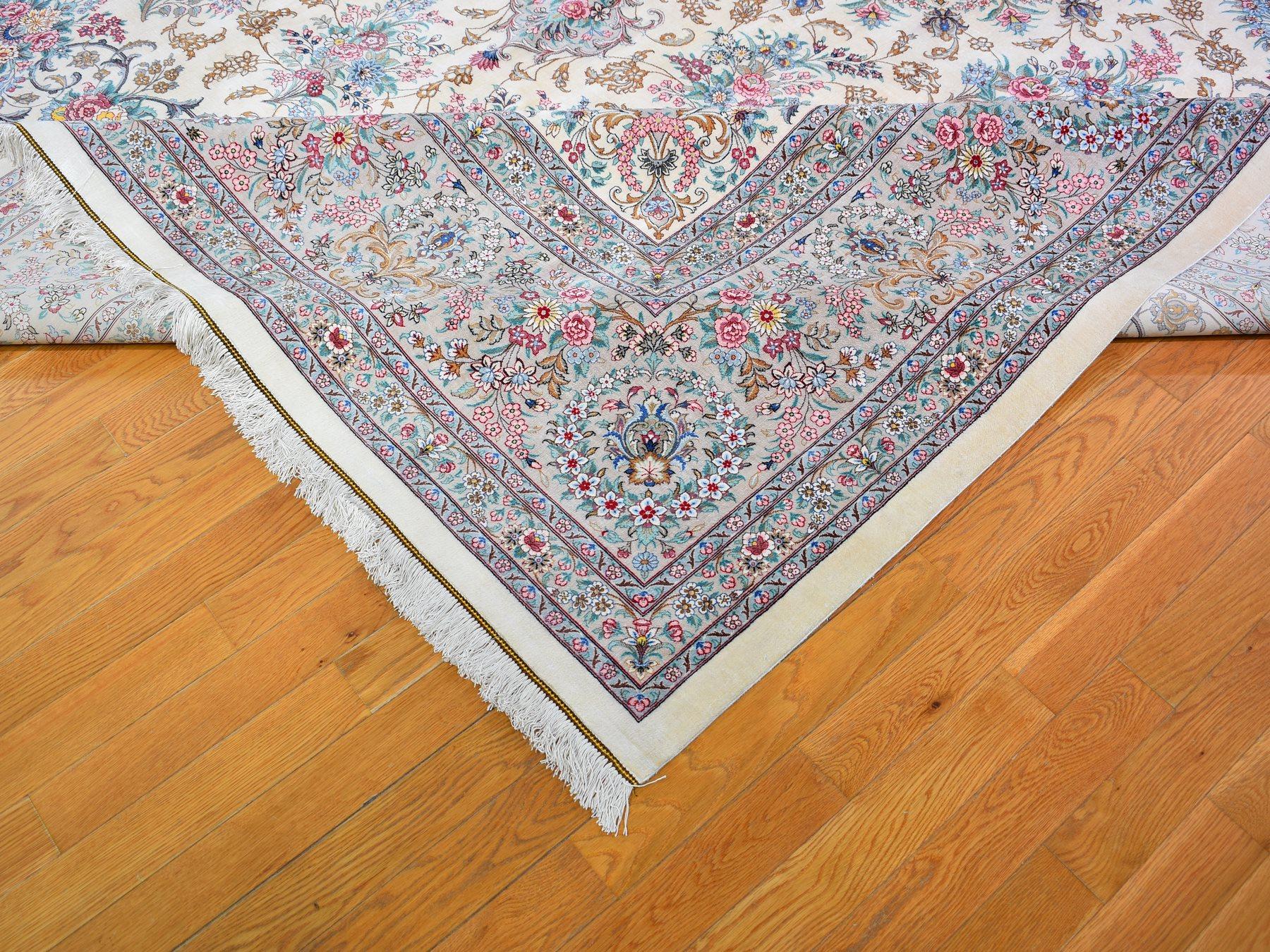 Ivory Oversized Persian Qom Pure Silk 600 KPSI Signed Hand Knotted Oriental In Good Condition In Carlstadt, NJ