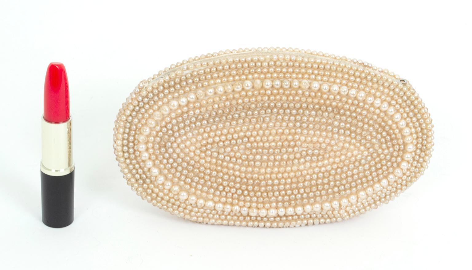 Beige Ivory Pavé Pearl Bead Oval Wedding or Evening Clutch Purse, Japan – 1950s For Sale