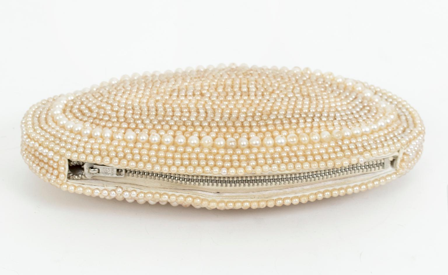 Women's Ivory Pavé Pearl Bead Oval Wedding or Evening Clutch Purse, Japan – 1950s For Sale