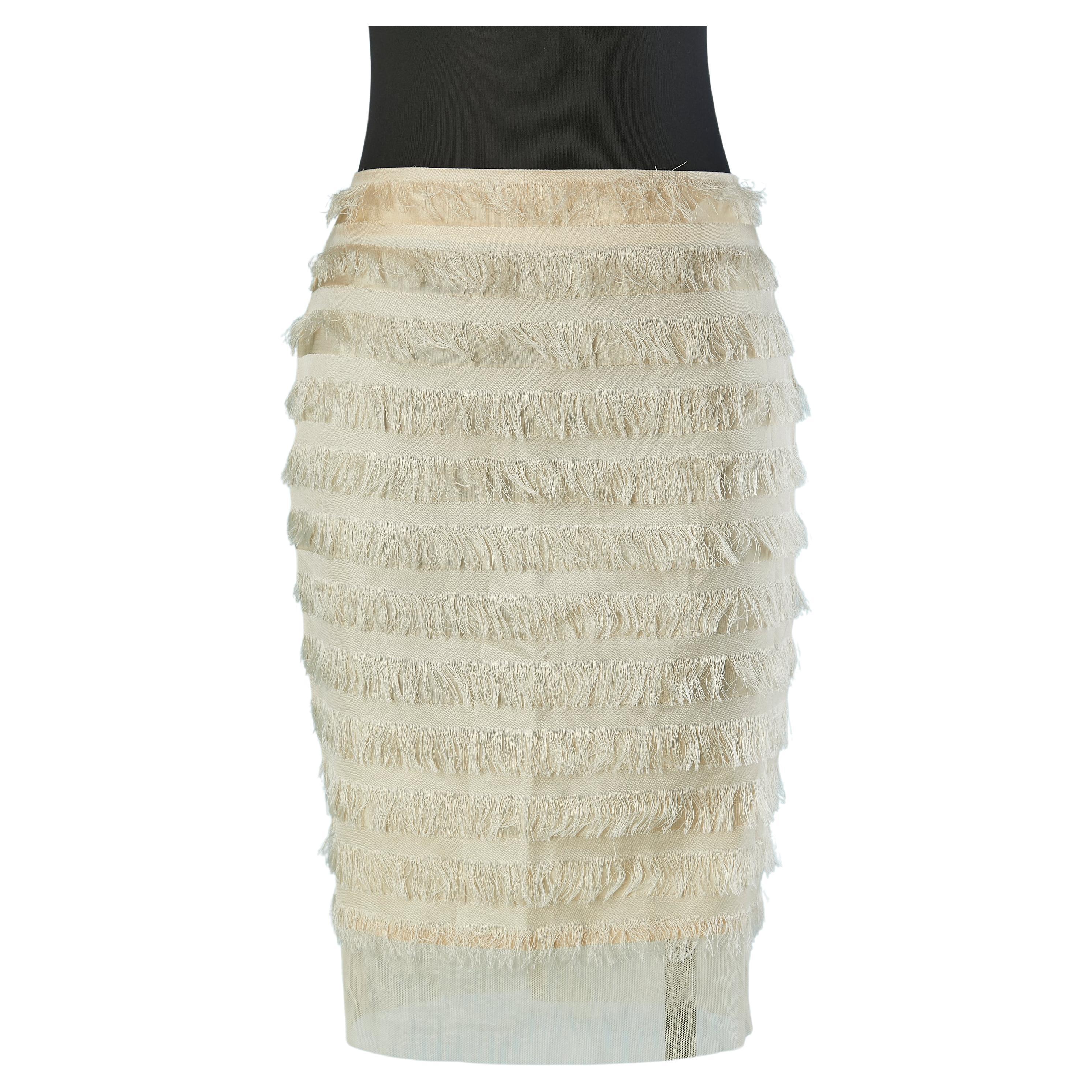 Ivory pencil skirt with thread fringes and tulle edge Balenciaga For Sale