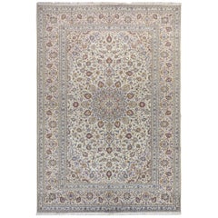 Ivory Persian Kashan Medallion Semi Antique Exc Cond Clean Full Pile Pure Wool