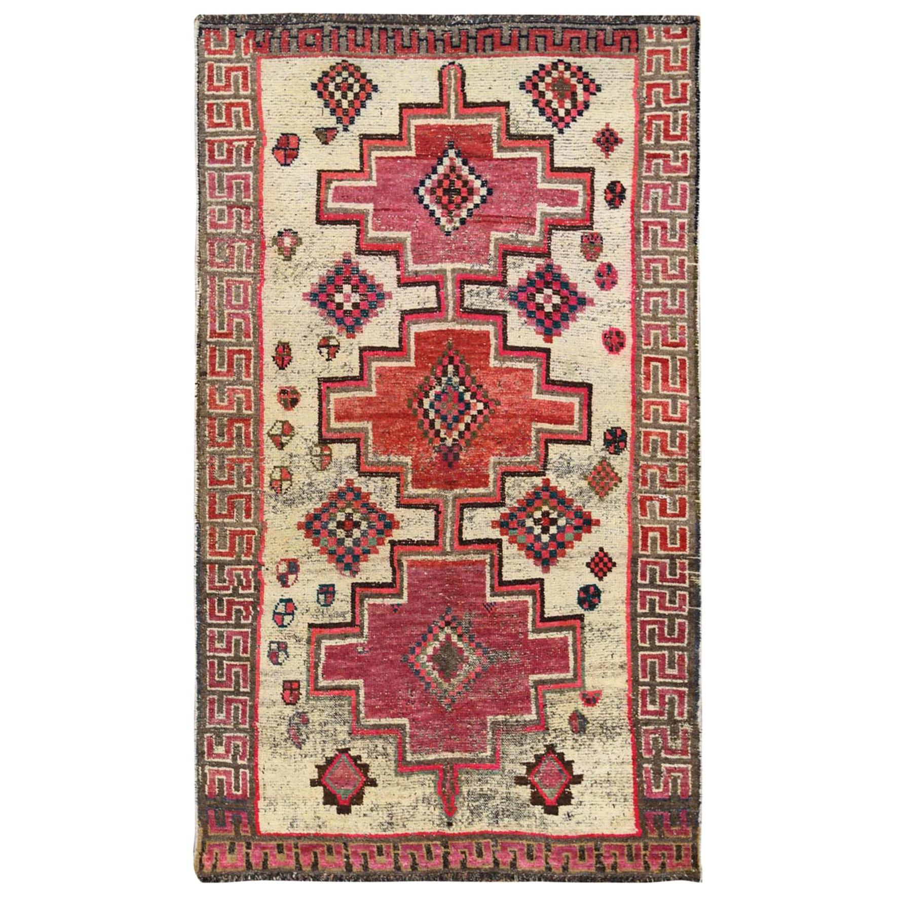 Ivory Persian Shiraz Handmade Cropped Thin Bohemian Organic Wool Vintage Rug