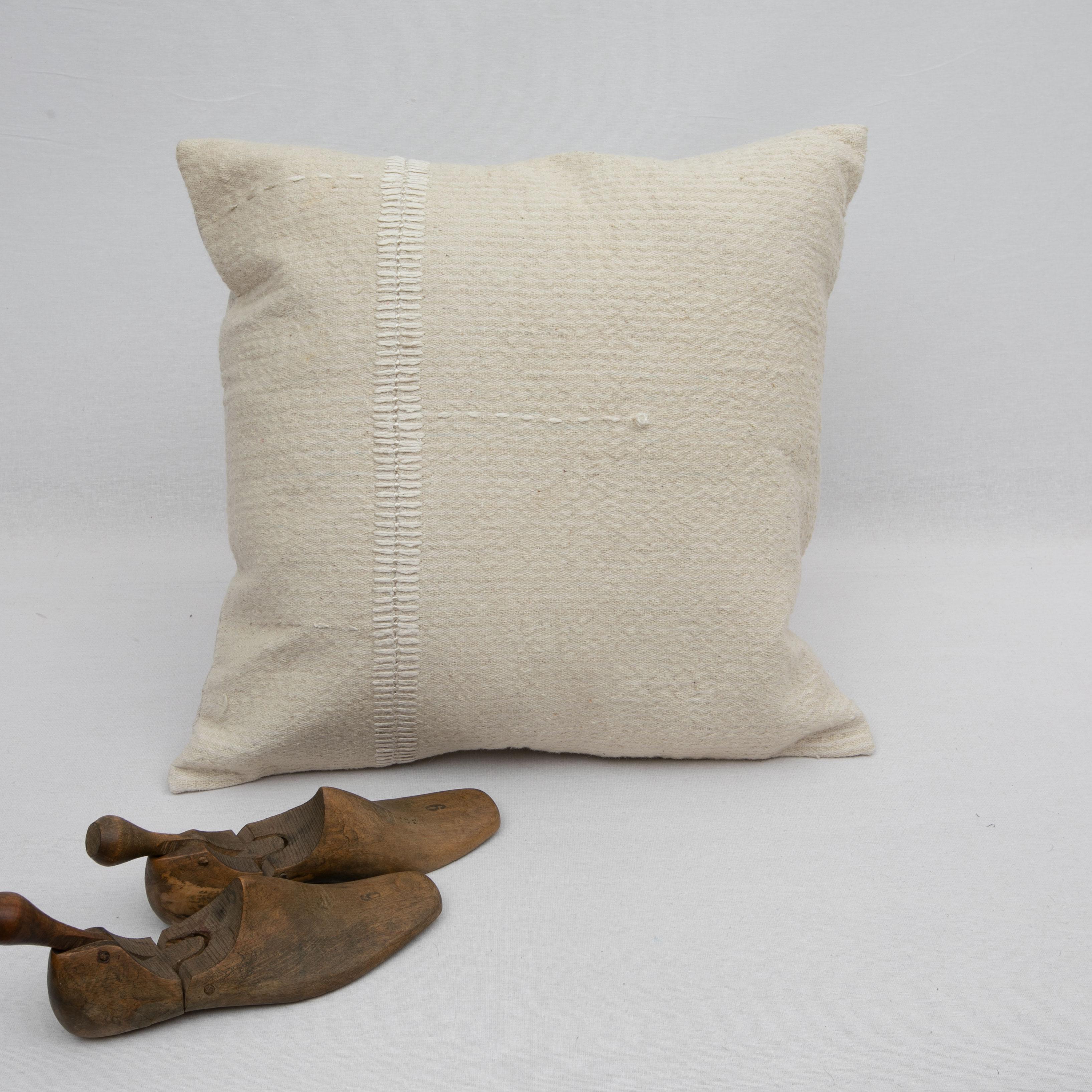 Mid-Century Modern Ivory Pillow Case Fashioned from a Vintage Anatolian Coverlet, Mid 20th C For Sale