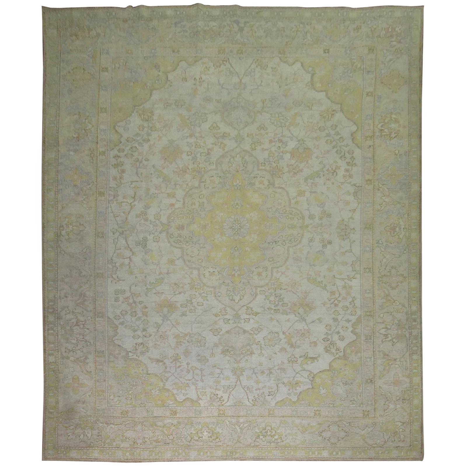 Ivory Pink Yellow Antique Turkish Oushak Rug, Early 20th Century