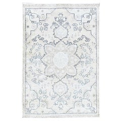 Ivory Pure Wool Hand Knotted Vintage Persian Tabriz Worn Down Rustic Feel Rug