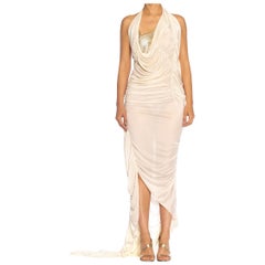 MORPHEW COLLECTION Ivory Rayon Blend Jersey Asymmetrically Draped Sexy Gown Wit