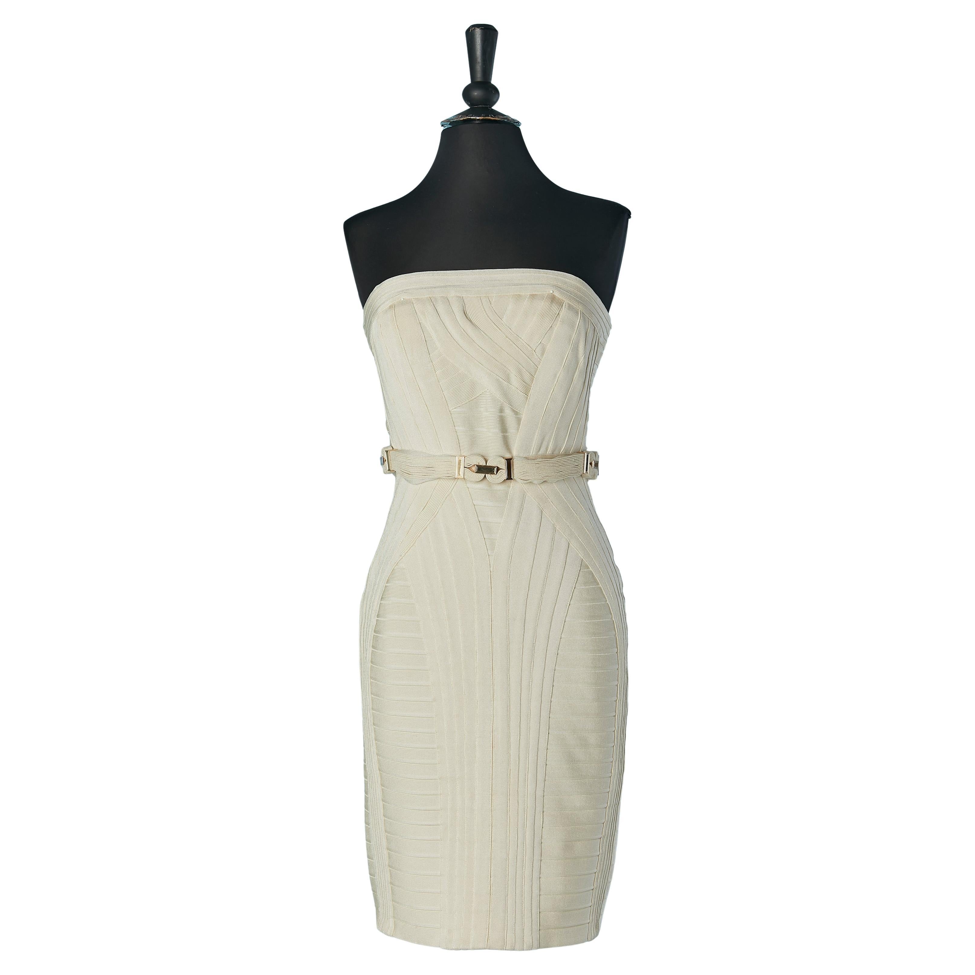 Abito bustier in jersey di rayon avorio con cintura Hervé Léger NUOVO con etichetta in vendita