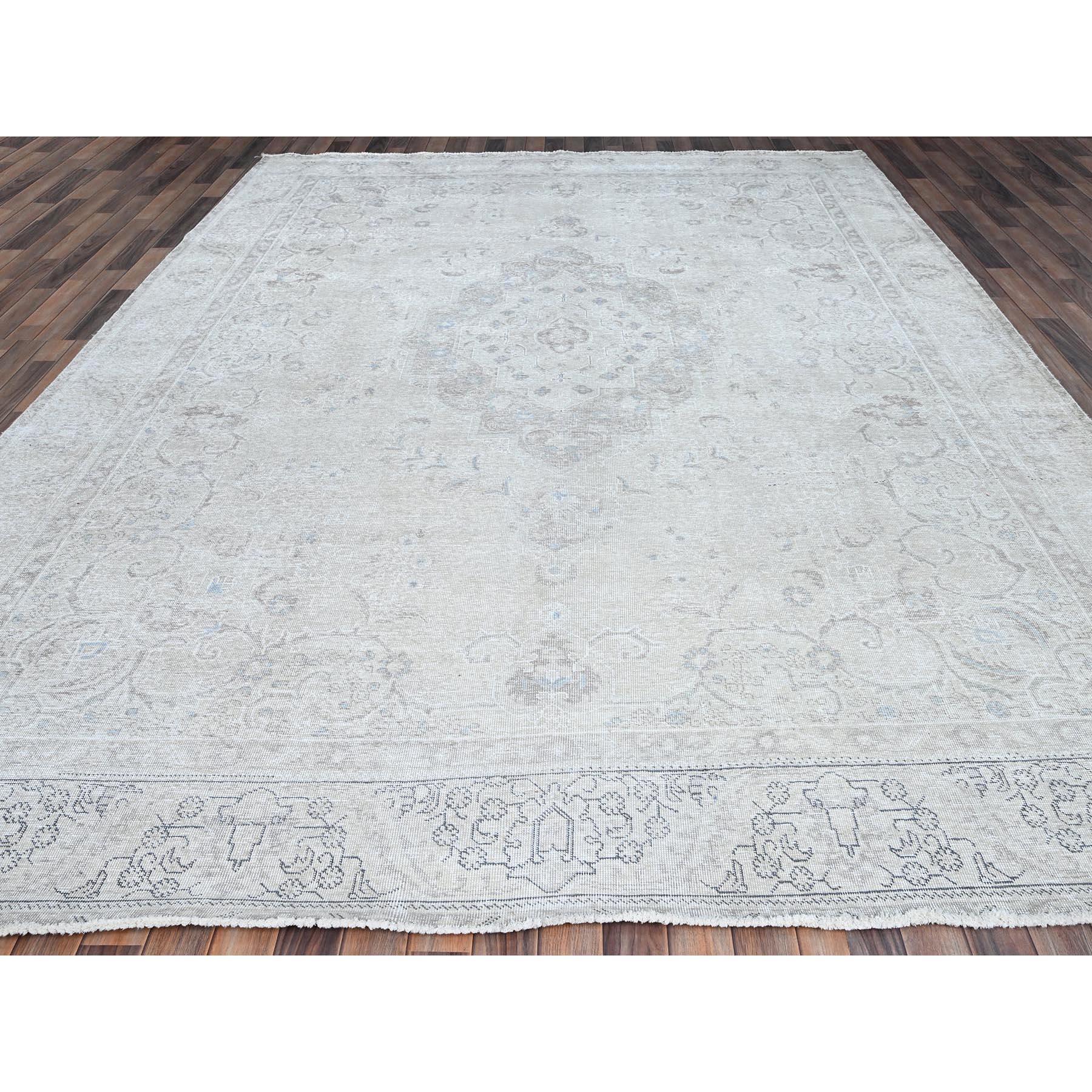 Hand-Knotted Ivory Rustic Look Wool Hand Knotted Vintage Persian White Wash Tabriz Clean Rug For Sale