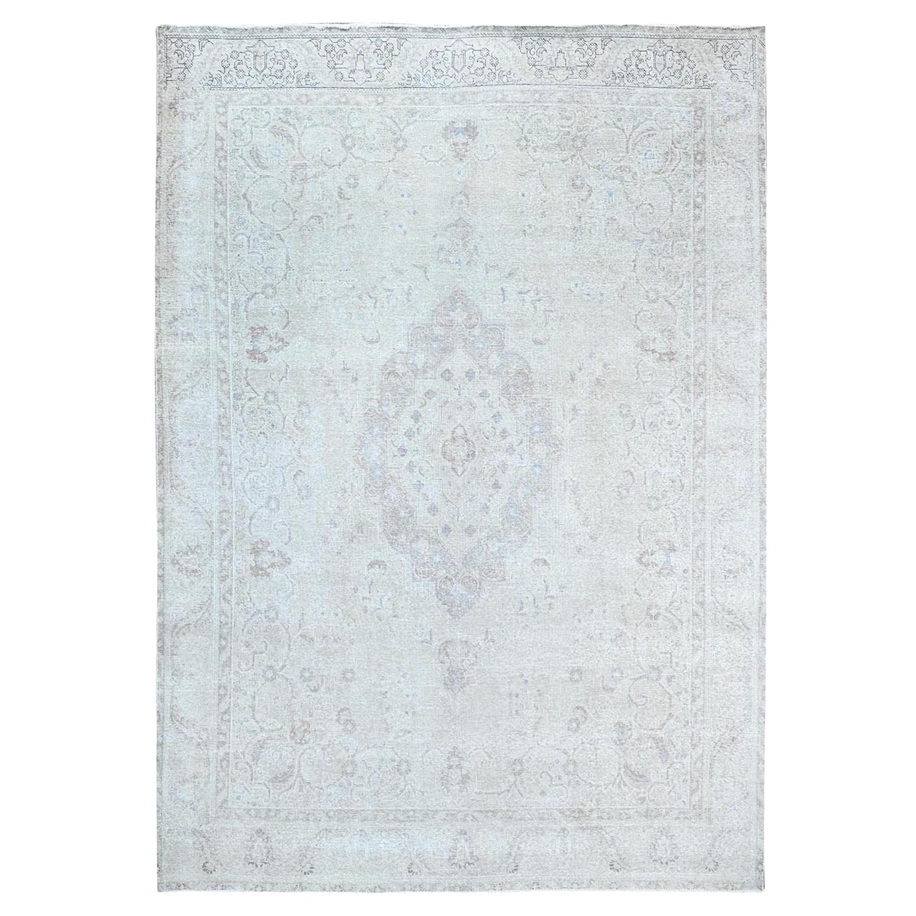 Ivory Rustic Look Wool Hand Knotted Vintage Persian White Wash Tabriz Clean Rug