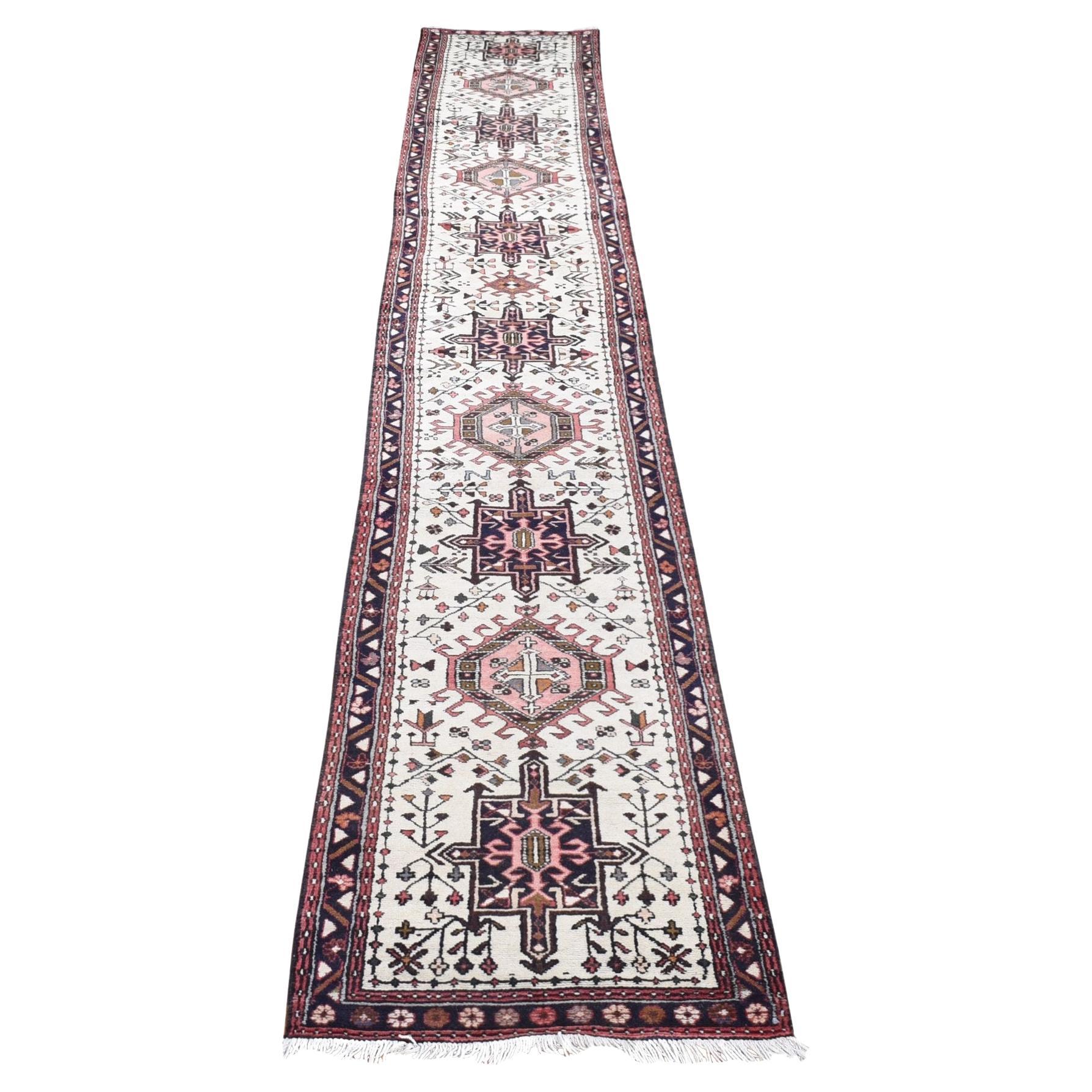 Ivory Semi Antique Persian Karajeh Soft Wool Hand Knotted XL Runner Oriental Rug For Sale