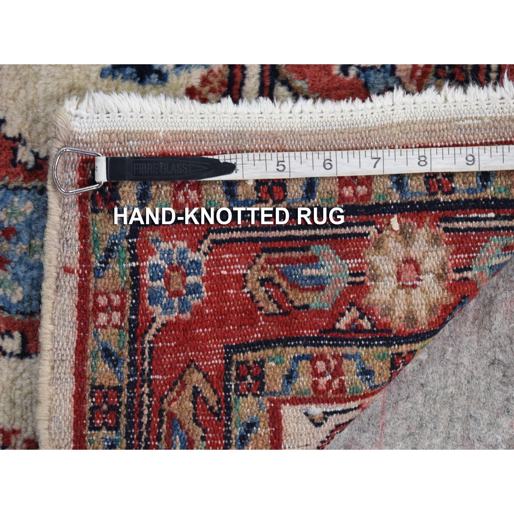Medieval Ivory Semi Antique Persian Kazvin, Pure Wool Hand Knotted, Full Pile, Runner Rug For Sale