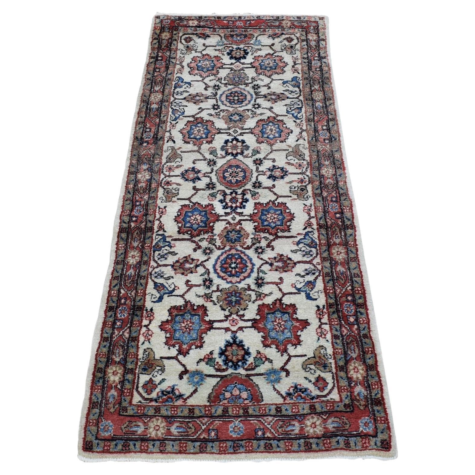 Ivory Semi Antique Persian Kazvin, Pure Wool Hand Knotted, Full Pile, Runner Rug For Sale