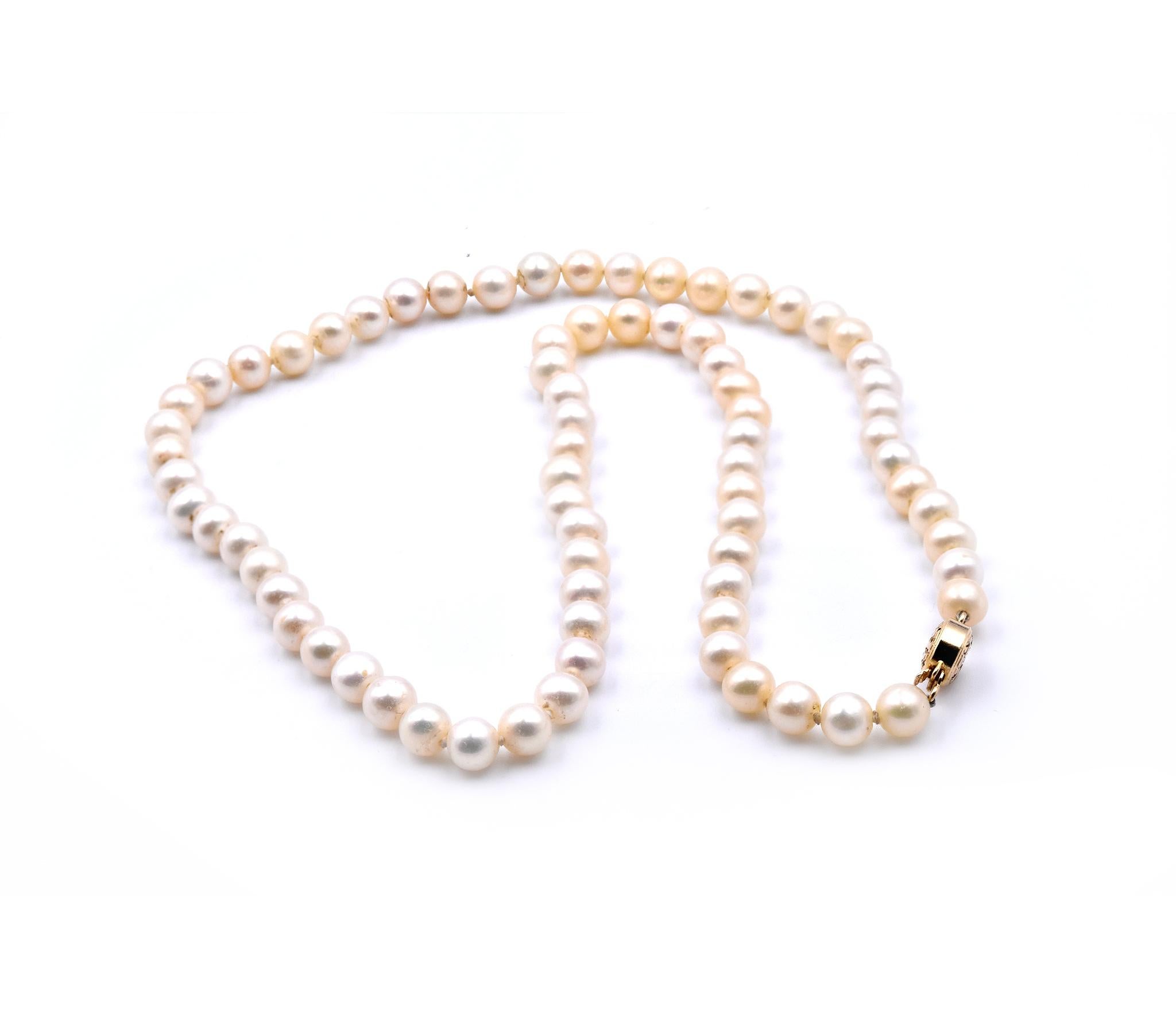 Round Cut Ivory Semi Round Pearl Strand Necklace with 14 Karat Yellow Gold Clasp For Sale
