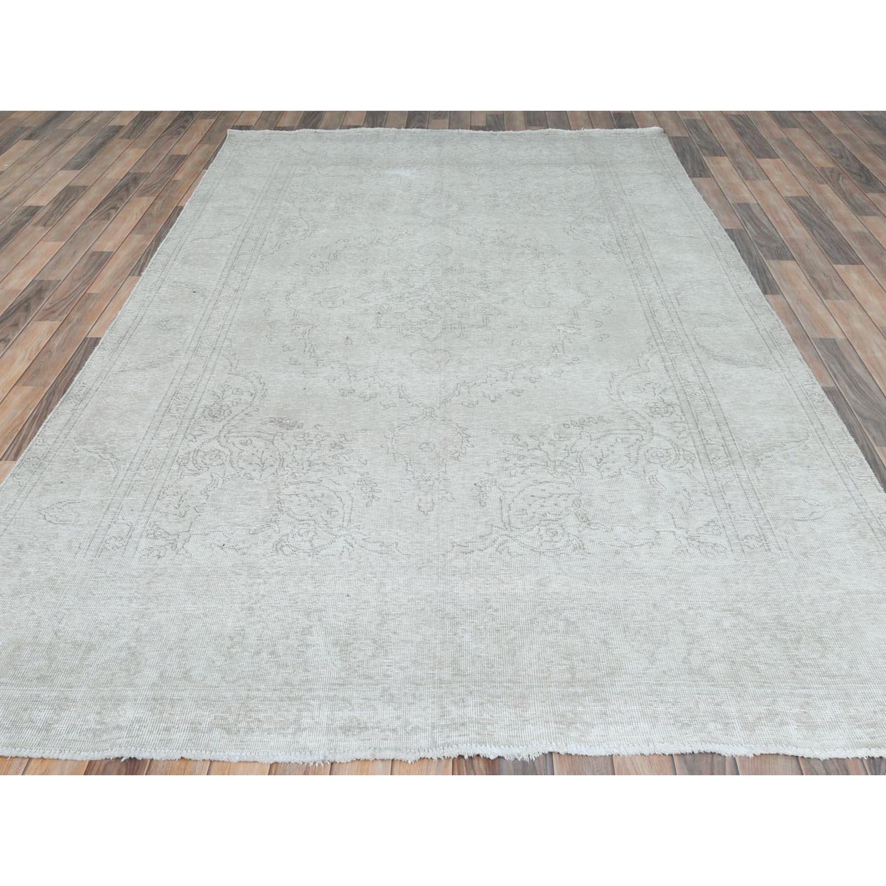 Hand-Knotted Ivory Shabby Chic Worn Wool Hand Knotted Vintage Persian Tabriz Distressed Rug For Sale