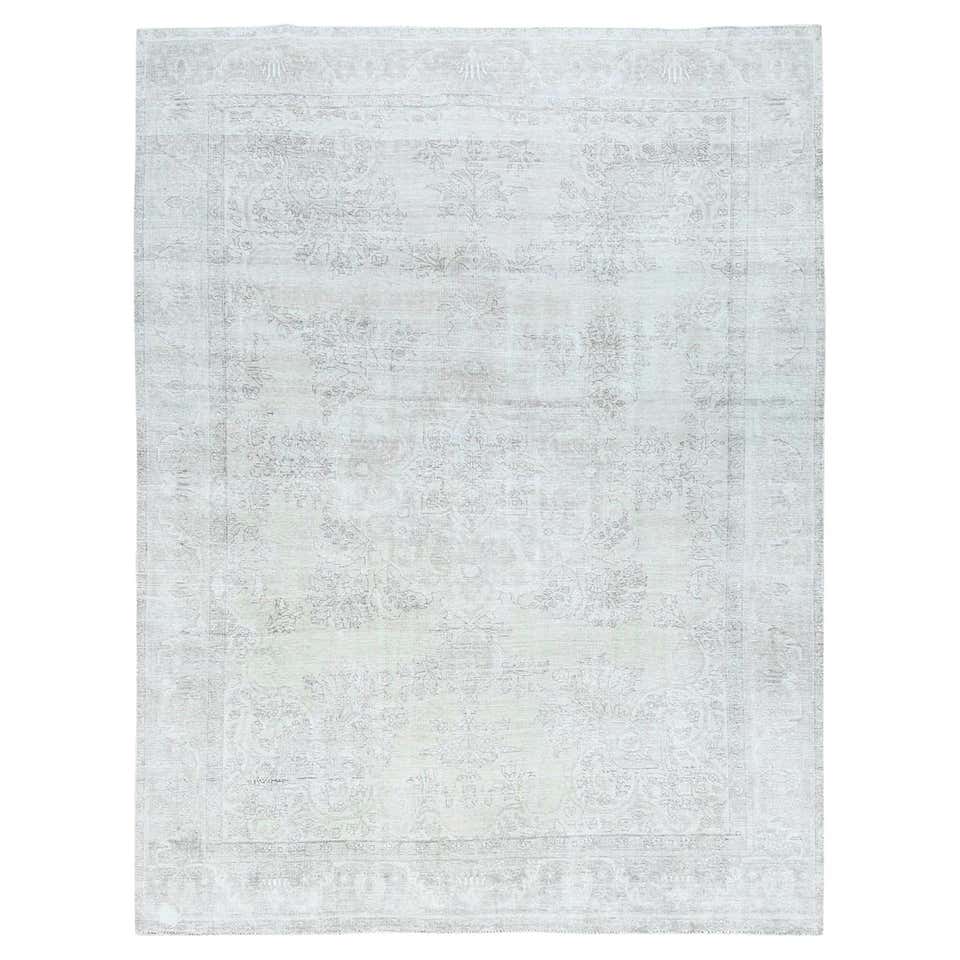 Ivory Distressed Shabby Chic Worn Wool Hand Knotted Vintage Persian ...