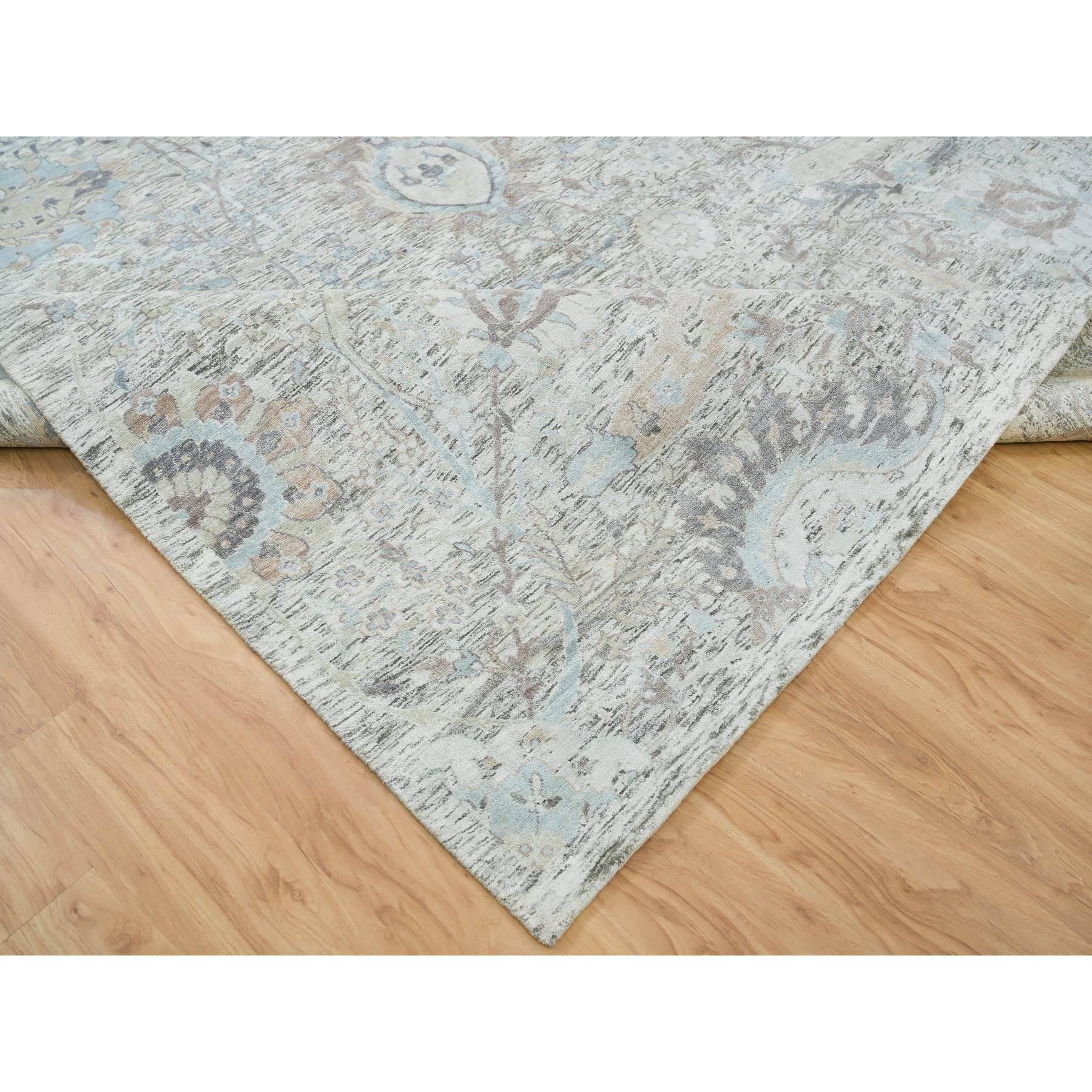 Handgeknüpfter orientalischer Teppich aus Seide und Wolle in elfenbeinfarbenem Sickle-Blatt-Design 10'0