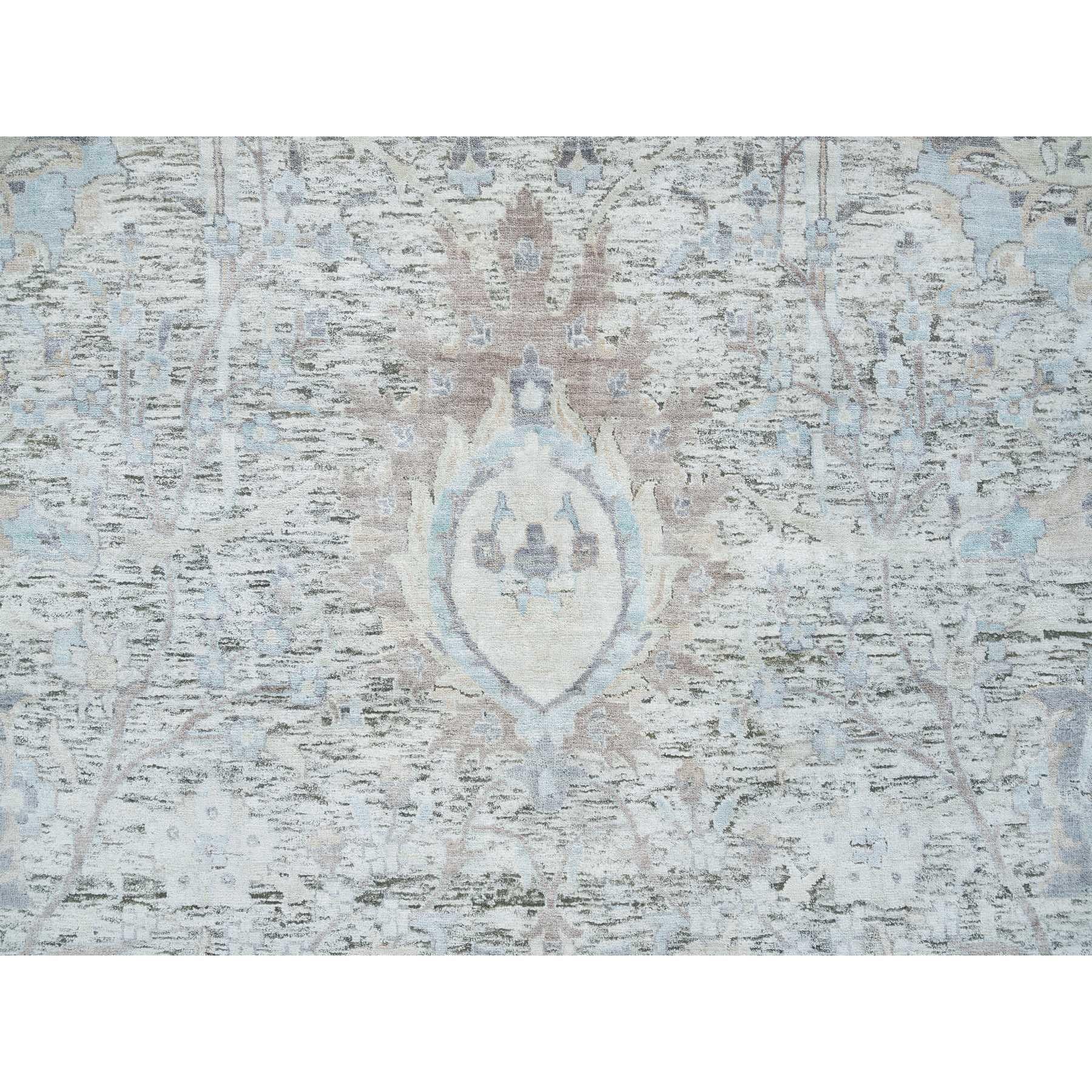Handgeknüpfter orientalischer Teppich aus Seide und Wolle in elfenbeinfarbenem Sickle-Blatt-Design 10'0