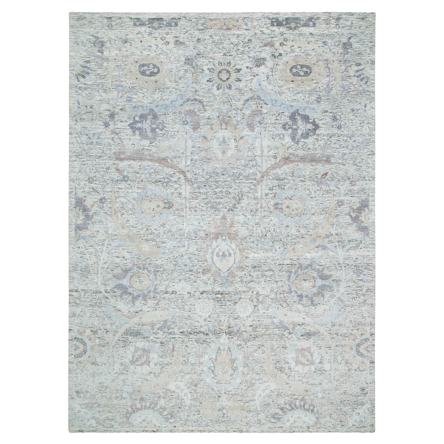 Ivory Sickle Leaf Design Silk & Wool Hand Knotted Oriental Rug 10'0" x 14'3"
