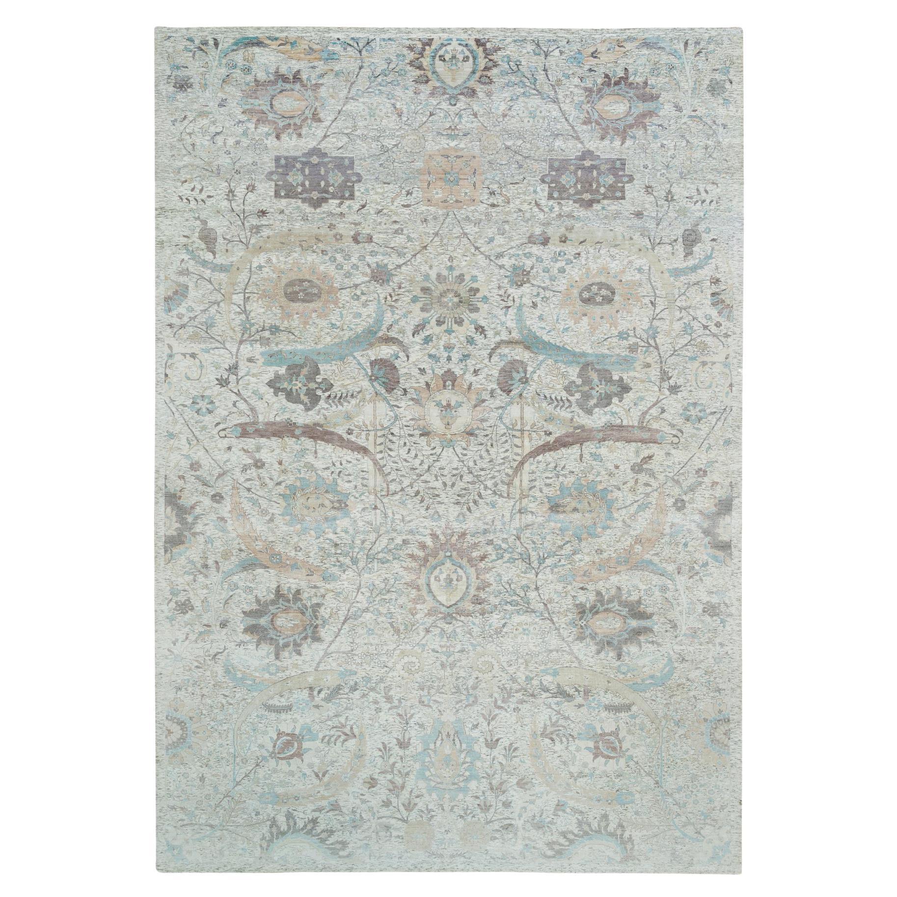 Alfombra de gran tamaño anudada a mano en seda/lana con diseño de hoja de hoz marfil 12'1" x 18'0