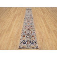Ivory Sickle Leaf Wool and Silk Hand Knotted XL Runner Oriental Rug 2'6" x 27'7"
