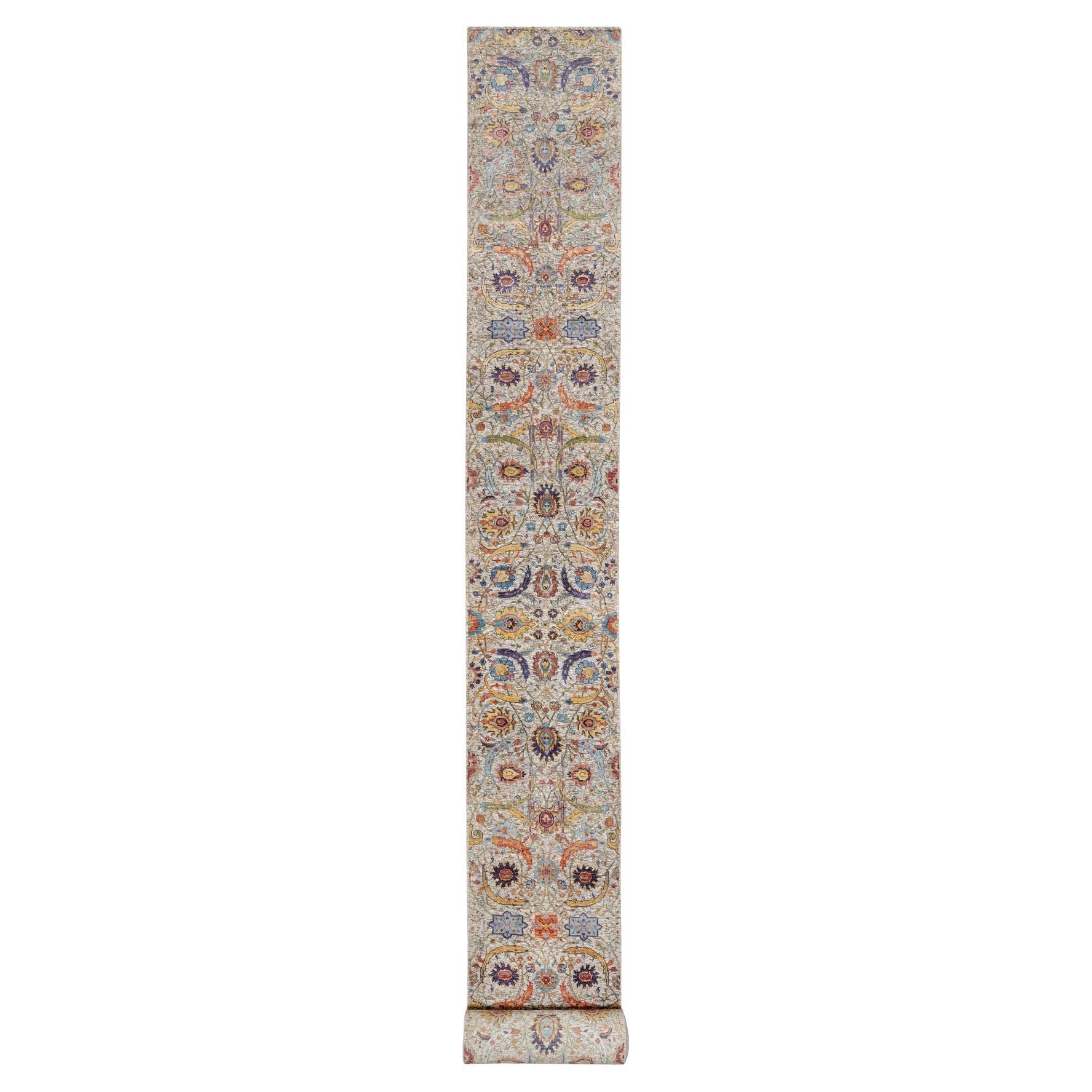 Ivory Sickle Leaf Wool and Silk Hand Knotted XL Runner Oriental Rug 2'6" x 27'7" For Sale