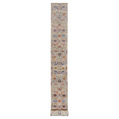 Ivory Sickle Leaf Wool and Silk Hand Knotted XL Runner Oriental Rug 2'6" x 27'7"
