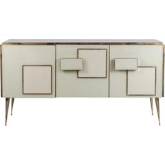Ivory Sideboard with Three Doors, Solid Wood & Murano Glass Design