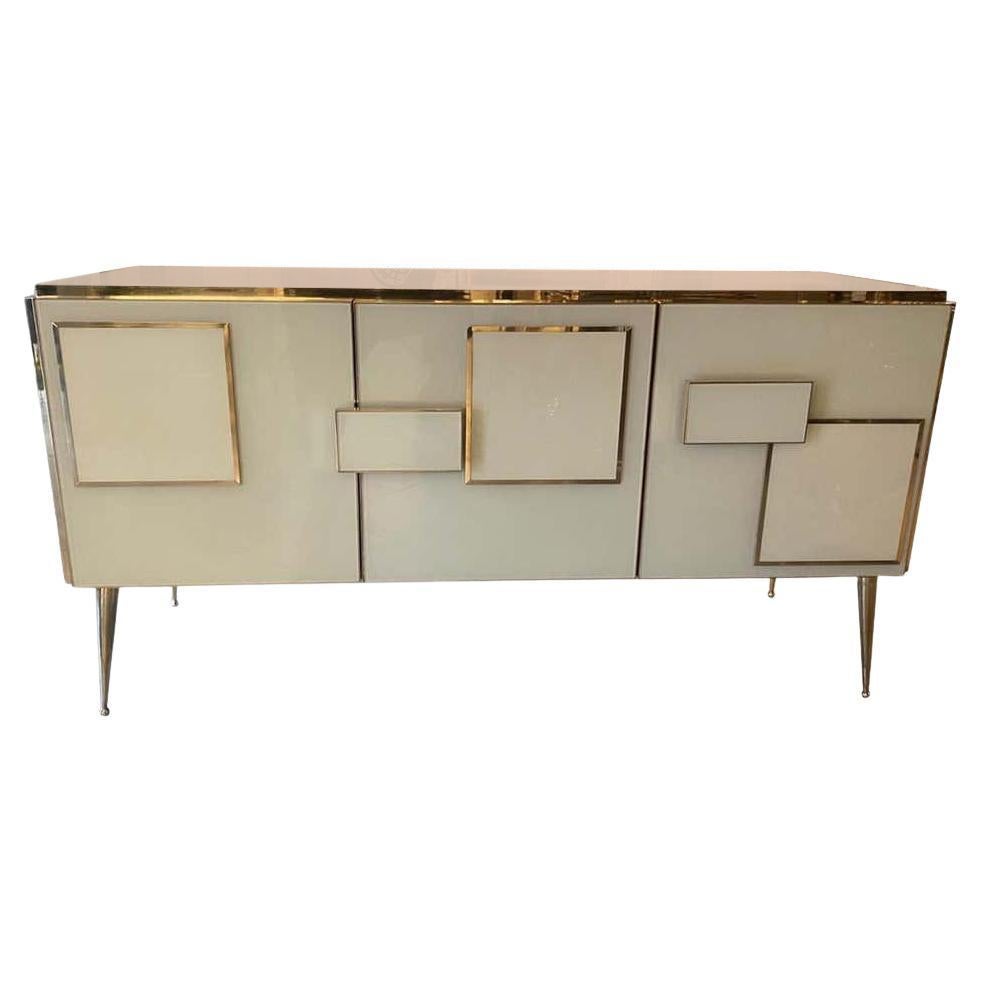 Ivory Sideboard with Three Doors, Solid Wood & Murano Glass Design