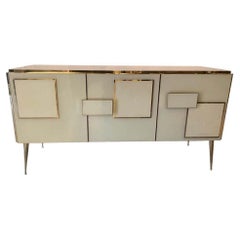Ivory Sideboard with Three Doors, Solid Wood & Murano Glass Design