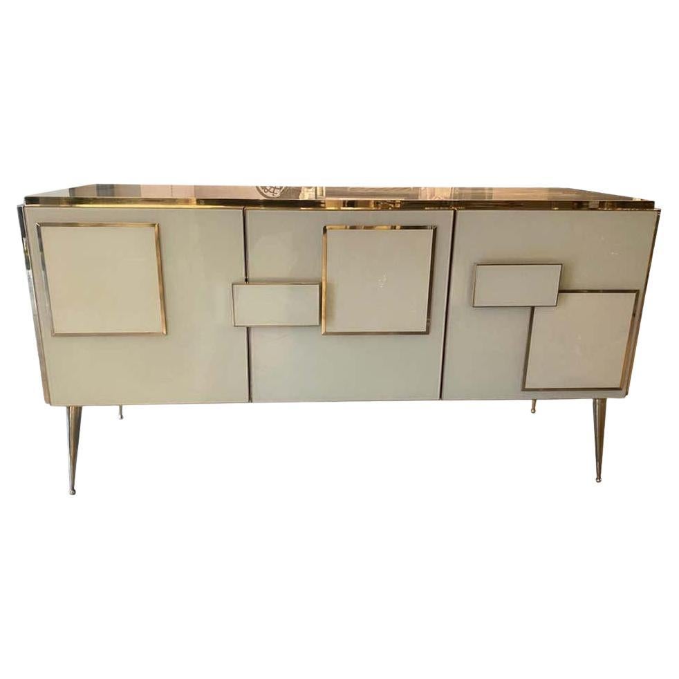 Ivory Sideboard with Three Doors, Solid Wood & Murano Glass Design