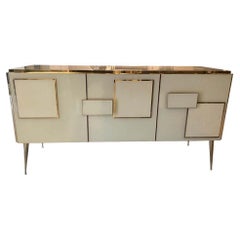 Ivory Sideboard with Three Doors, Solid Wood & Murano Glass Design