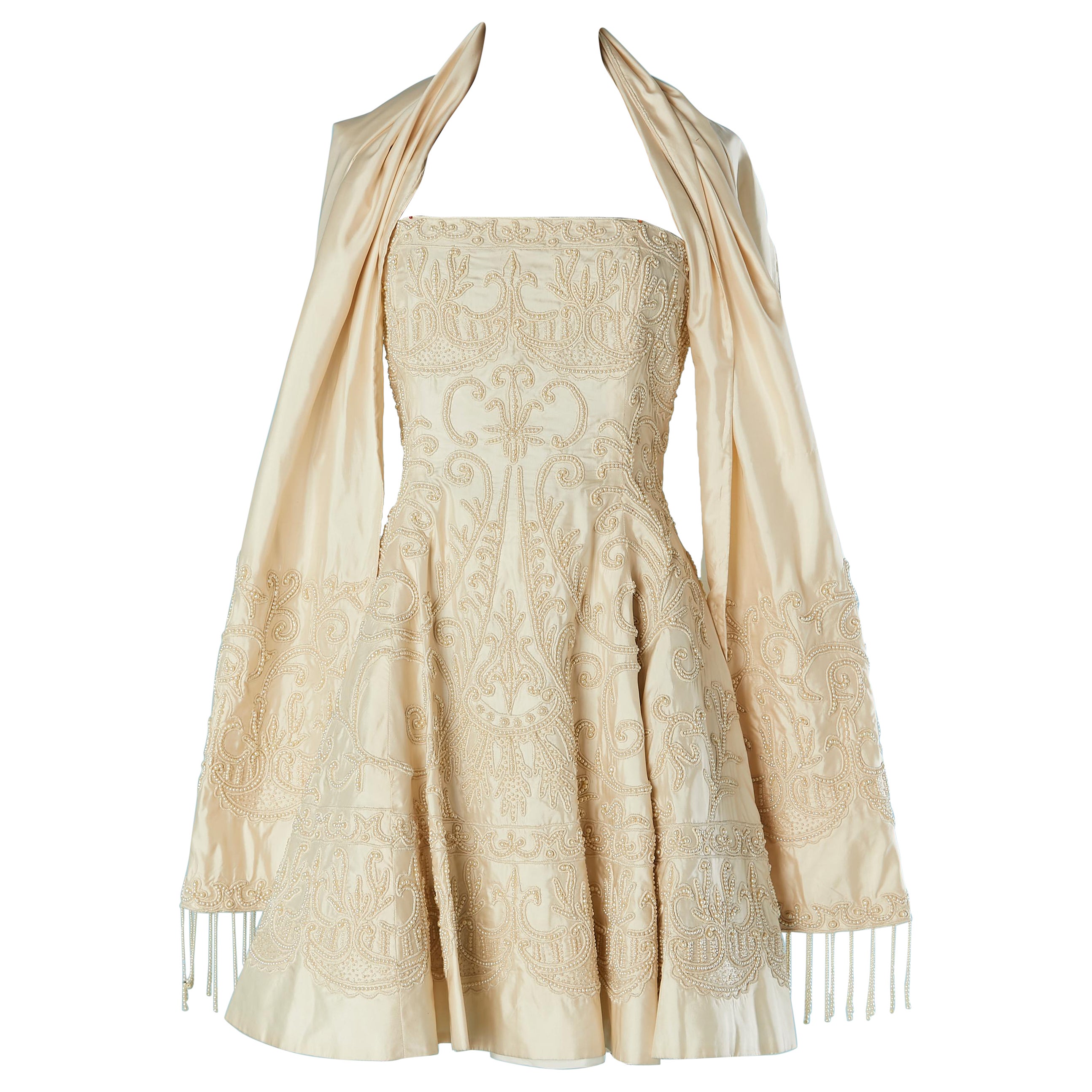 Ivory silk bustier dress with beaded work and shawl Nadia by Nadia Tavelli NEW