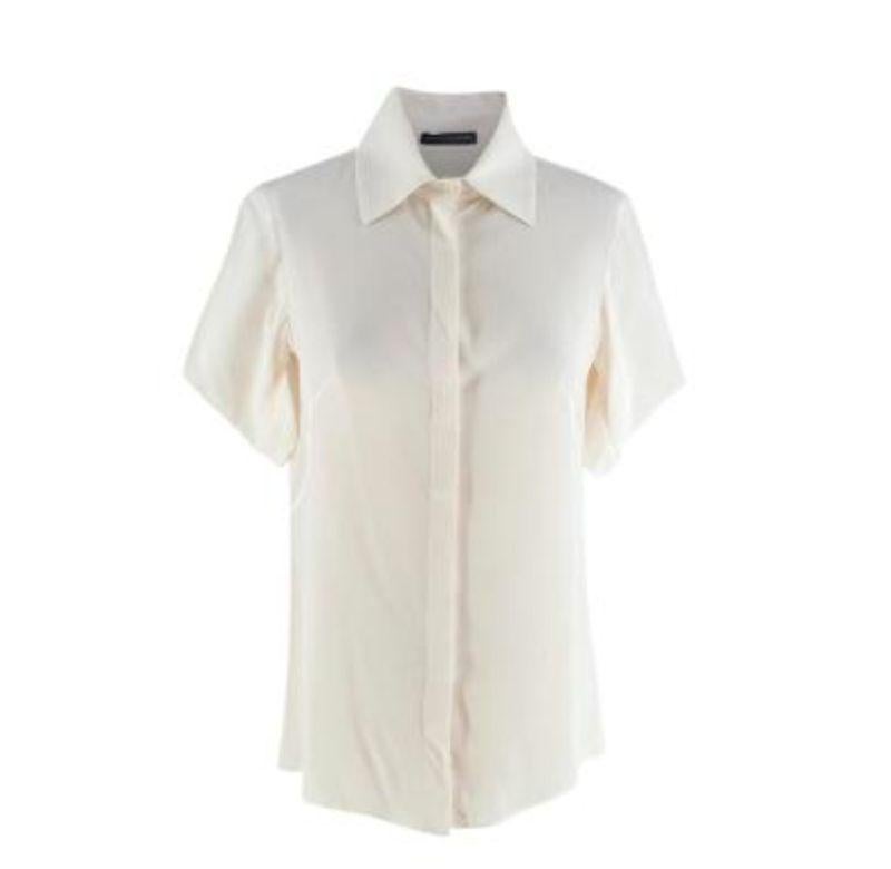 Alexander McQueen Ivory Silk Crepe de Chine Short Sleeve Blouse
 
 - Point collar
 - Concealed button front
 - Short, draped sleeve
 - Boxy, lightly tailored fit
 
 Material: 
 100% Silk 
 
 Made in Italy 
 Dry cleaning only 
 
 9.0 faint marks