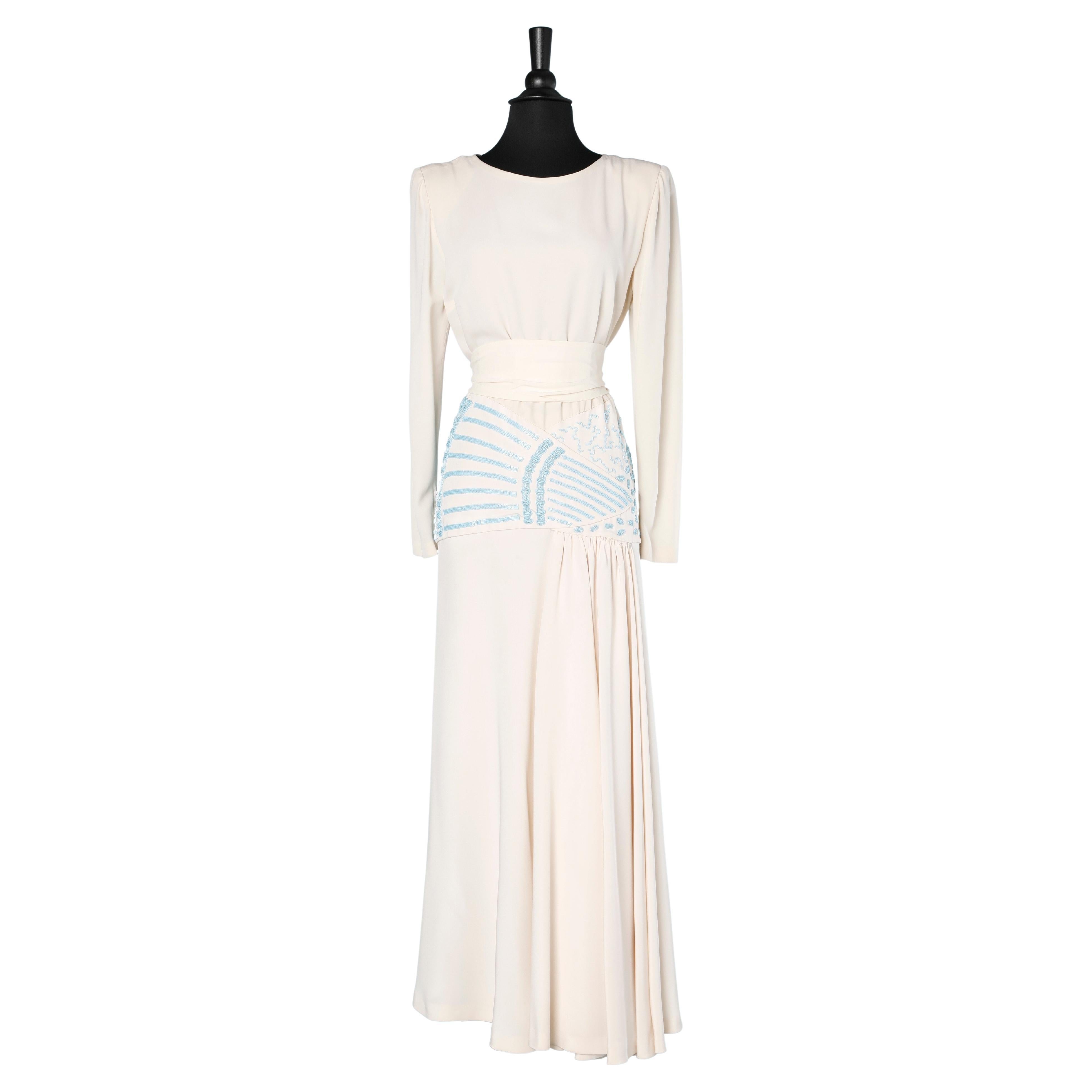 Ivory silk crêpe dress with turquoise blue beadwork and belt