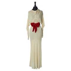 Ivory silk velvet evening dress with red velvet belt Circa 1930's