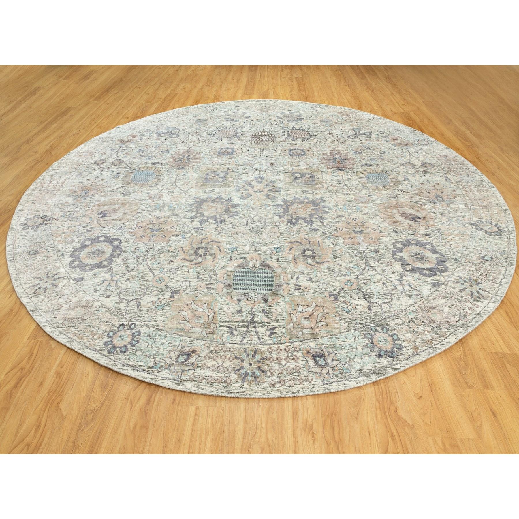 Indiano Tappeto rotondo orientale Tabriz in seta avorio e lana testurizzata annodato a mano 12' x 12' in vendita