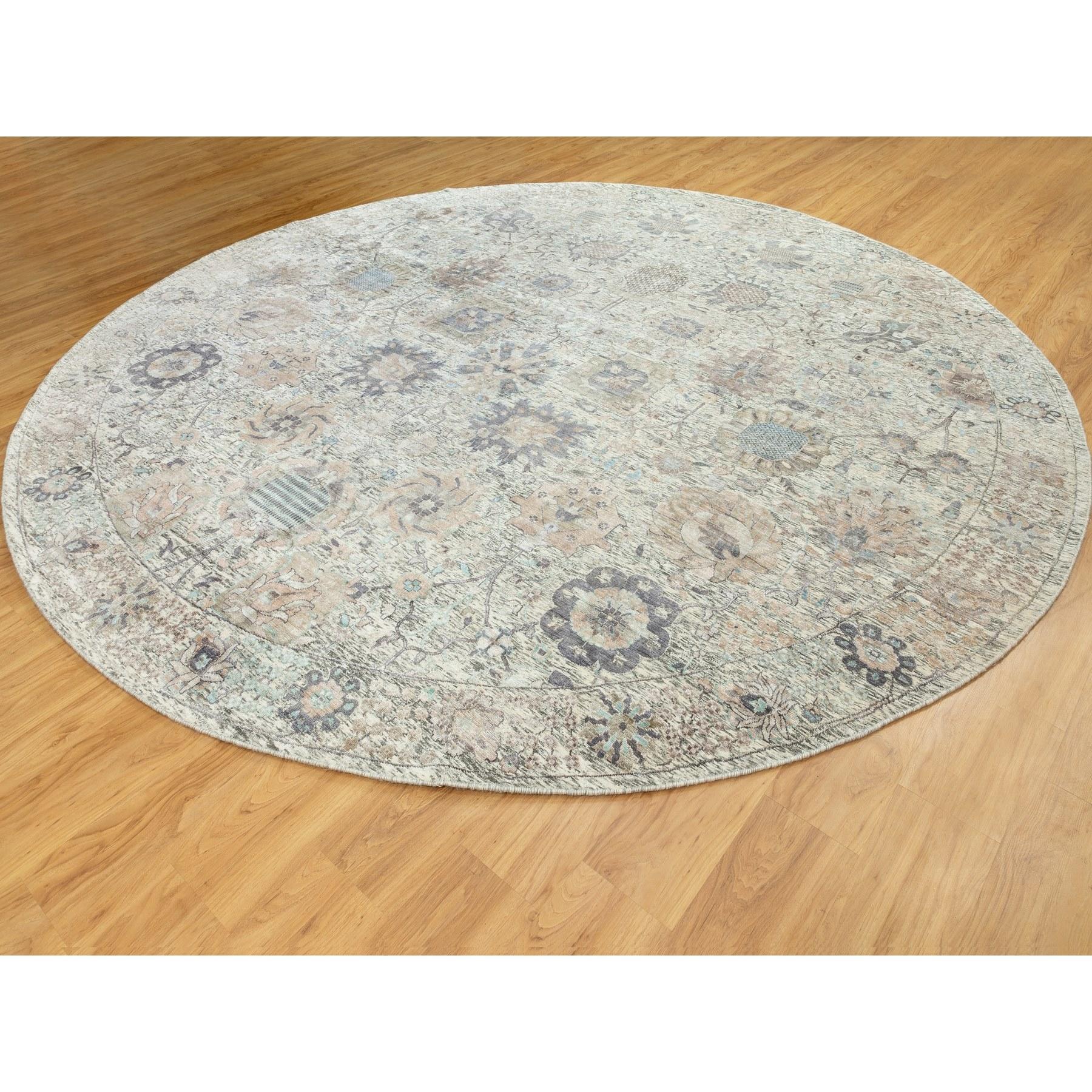 Annodato a mano Tappeto rotondo orientale Tabriz in seta avorio e lana testurizzata annodato a mano 12' x 12' in vendita