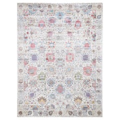 Ivory Silk with Textured Wool Tabriz Hand Knotted Oriental Rug
