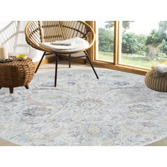 Ivory Silk & Wool Hand Knotted Sickle Leaf Design Round Oriental Rug 9'9" x 9'9"