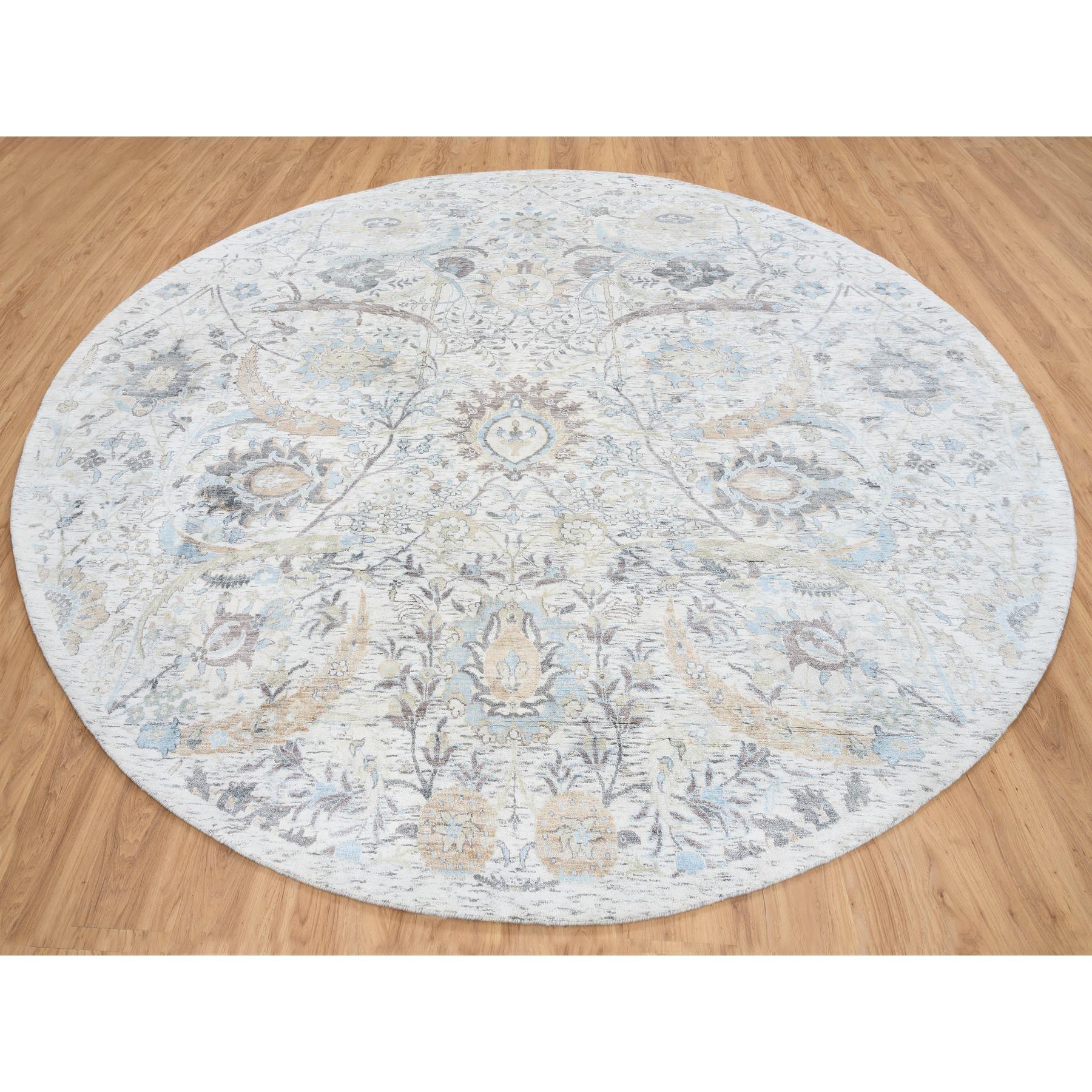 Alfombra Oriental Redonda de Seda y Lana Marfil Anudada a Mano con Diseño de Hoja de Hoz 9'9