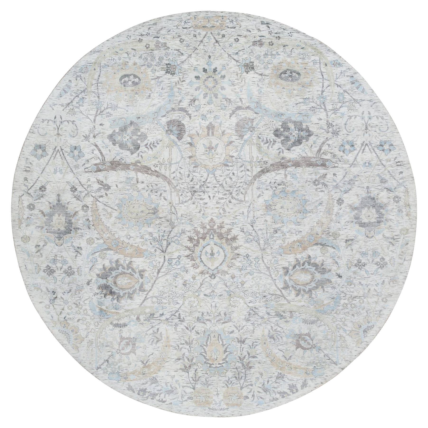 Ivory Silk & Wool Hand Knotted Sickle Leaf Design Round Oriental Rug 9'9" x 9'9"