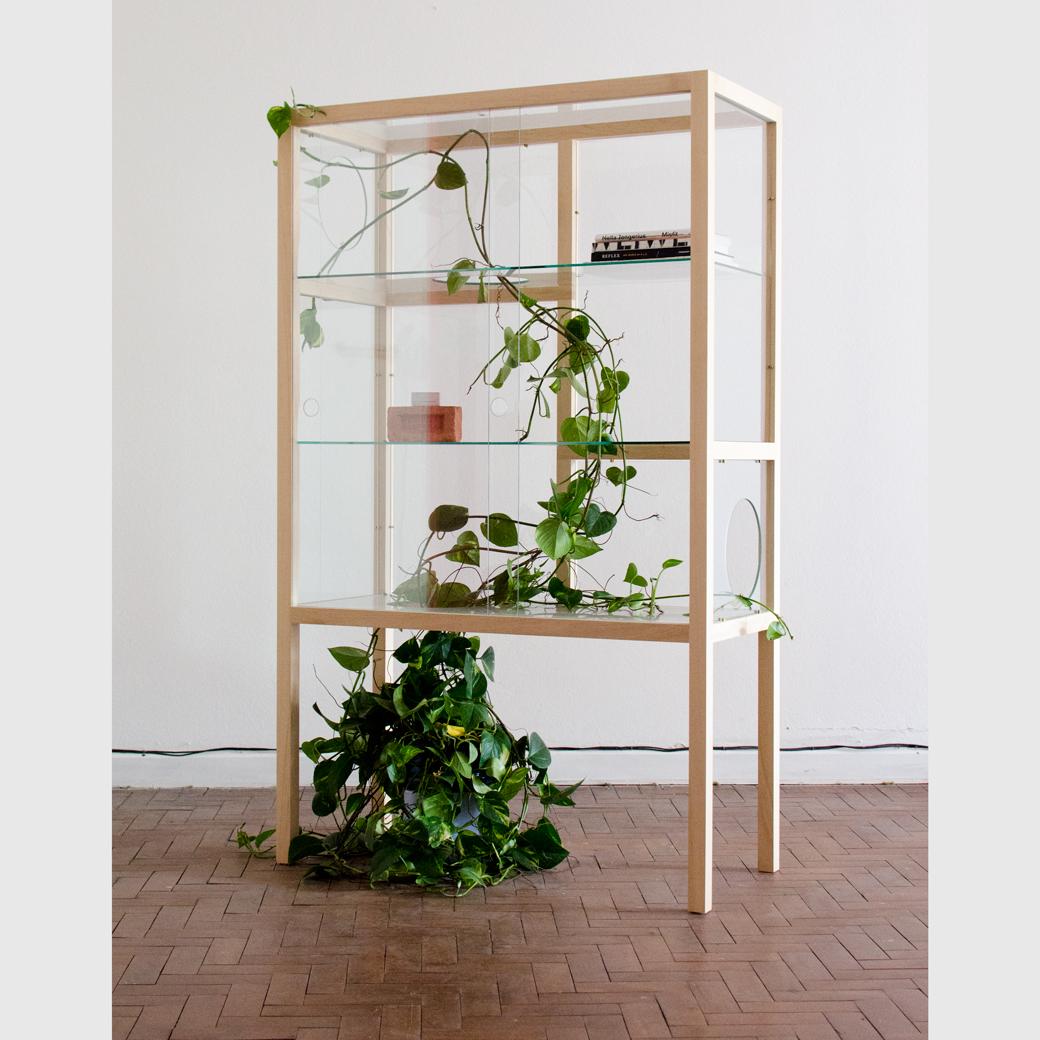 Ivory Simbiose Glass Cabinet by Andreas Anwander
Dimensions:  W 110 x D 49 x H 180 cm
Materials: Solid Wood, Glass, Brass.
Weight: 85 kg.

A shelf which design is inspired by the symbiosis between nature and civilization. Its design and appearance