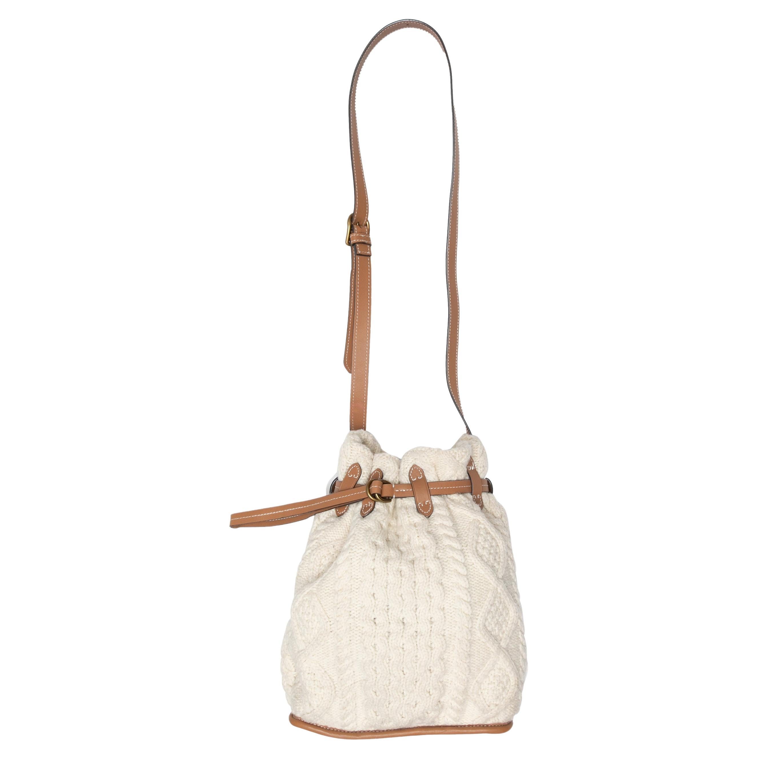 Ivory & Tan Polo Ralph Lauren Cable Knit Bucket Bag For Sale