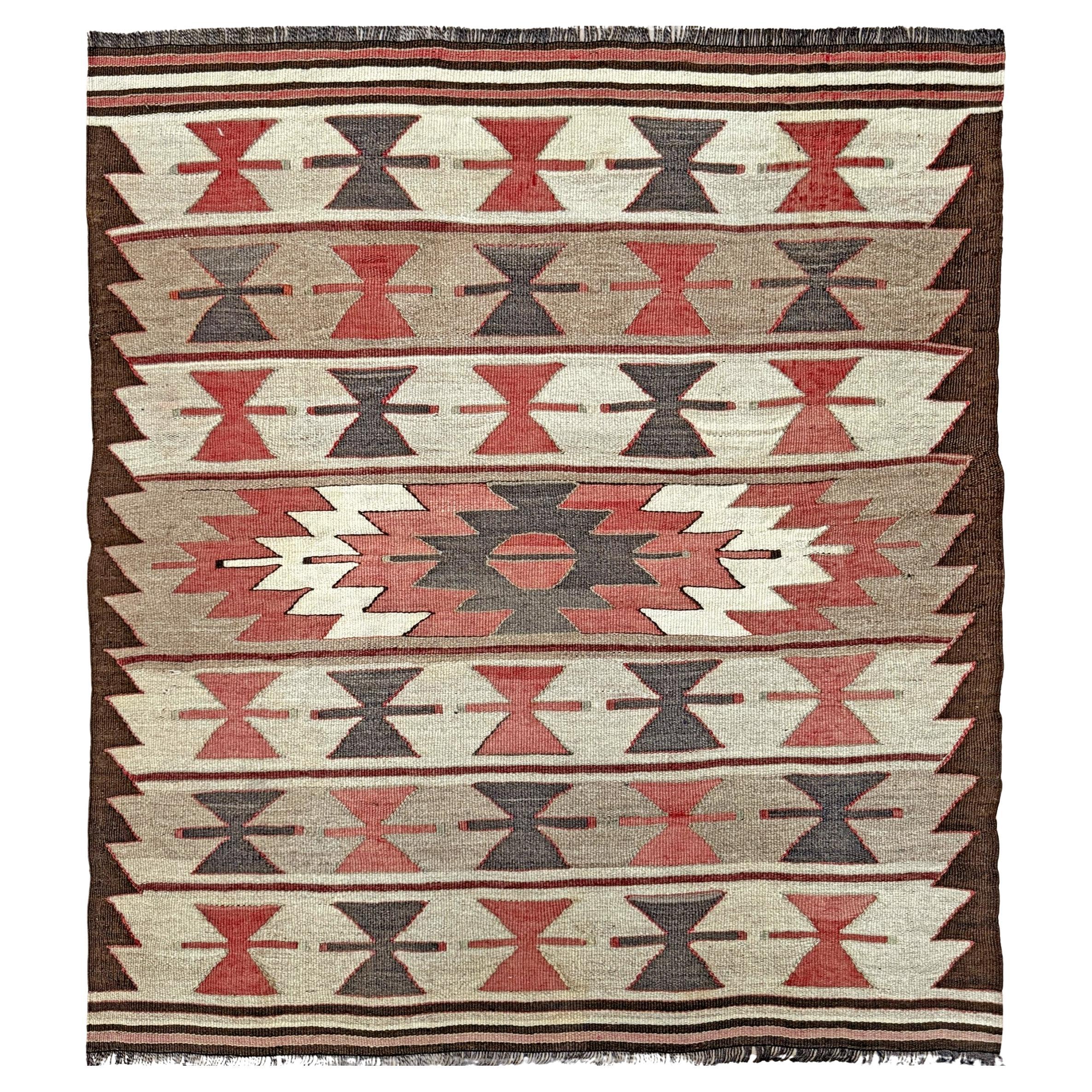 Elfenbein 
Taupe Mut Kilim - • Türkischer Flachgewebe-Teppich im Navajo-Stil (3
x4
)
