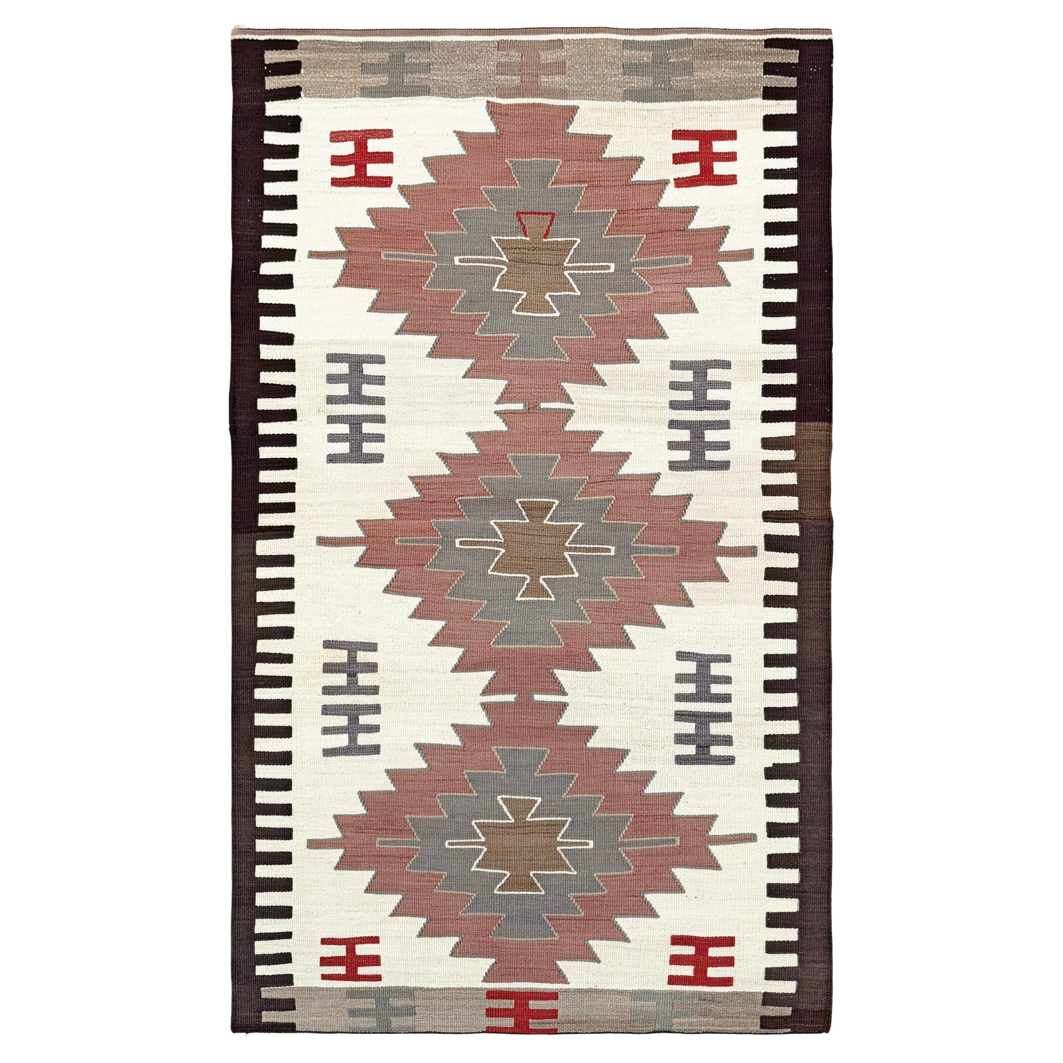 Elfenbein
Taupe Mut Kilim - • Türkischer Flachgewebe-Teppich im Navajo-Stil (3
x4
)