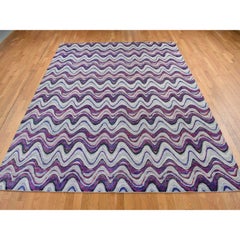 Ivory THE COLORFUL WAVES Sari Silk with Textured Wool Hand Knotted Oriental Rug