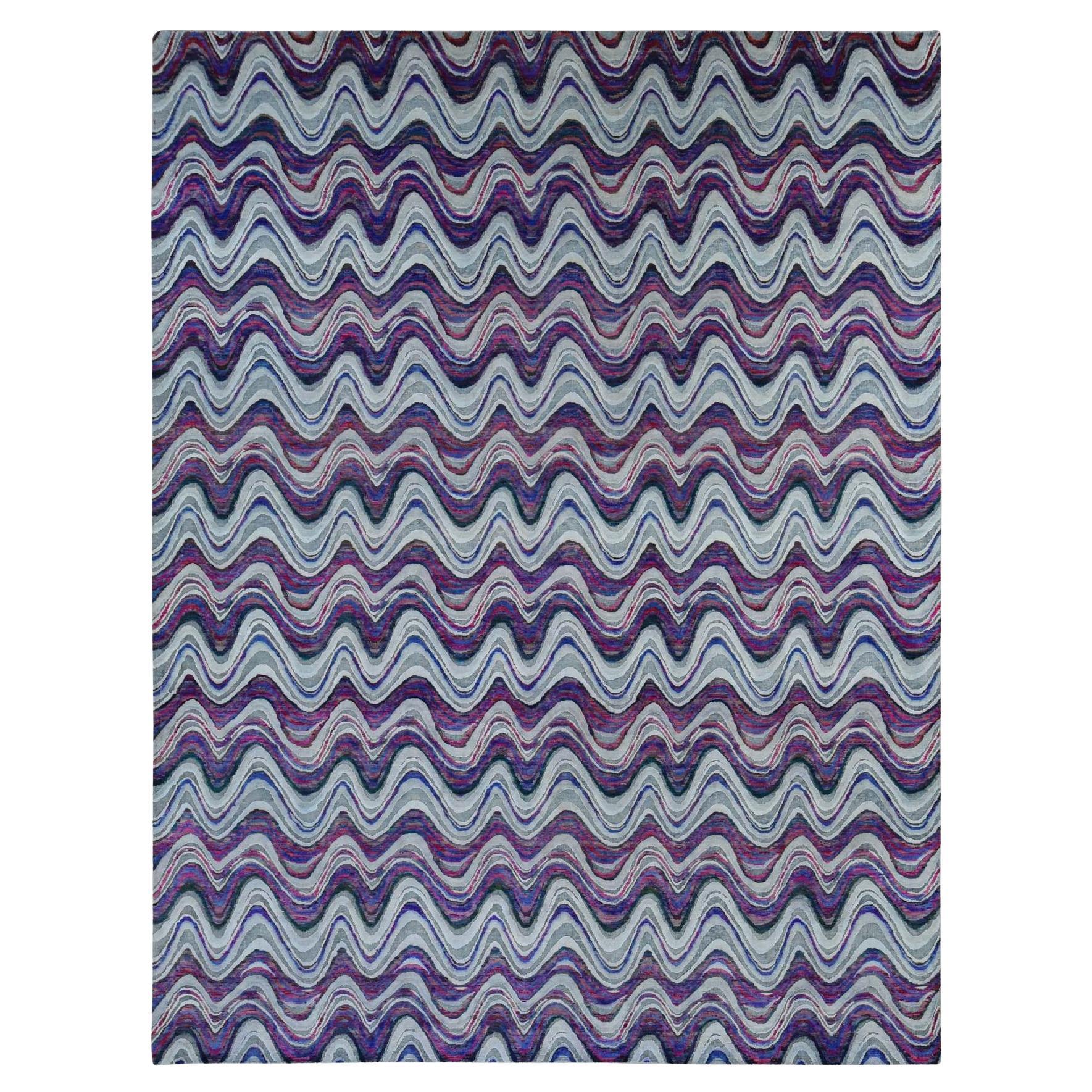 Ivory THE COLORFUL WAVES Sari Silk with Textured Wool Hand Knotted Oriental Rug