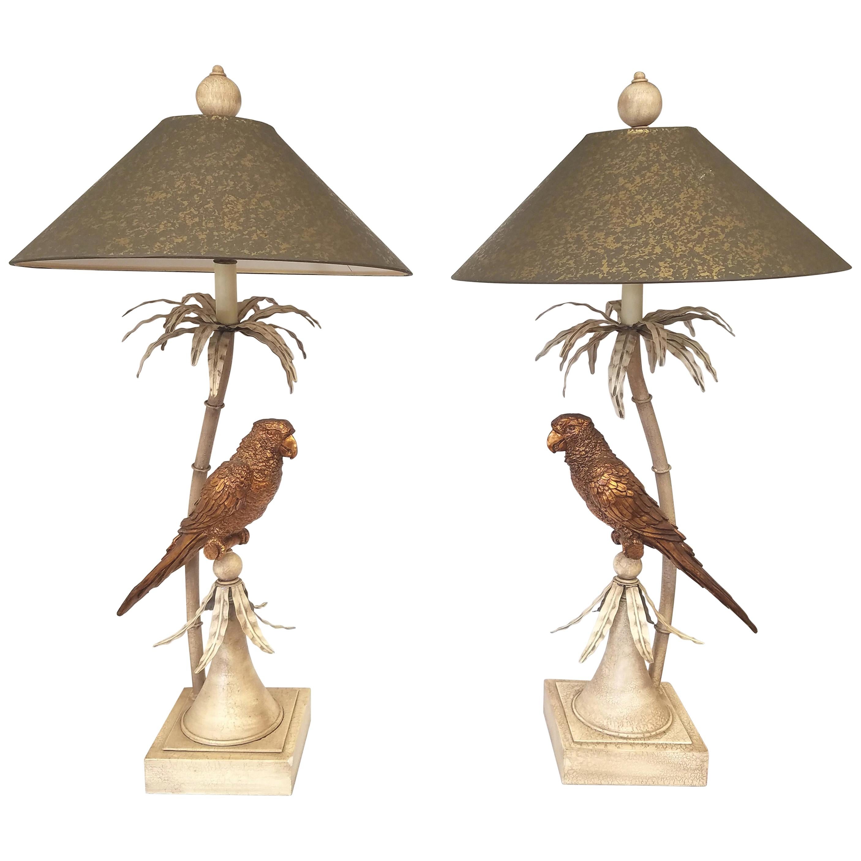 Ivory Tole Palm Tree Lamps with Gilt Parrots Hollywood Regency